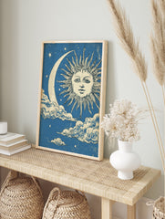 Vintage Sun Moon Poster with an illustrated sun face, crescent moon, clouds, and stars on a distressed blue background. - Image 4