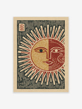 Stylized Sun Moon Wall Art print with a split face in red, gold, and dark green, on a light paper background.