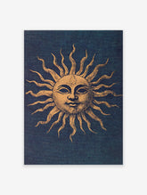 Vintage golden sun illustration with a face and wavy rays on a dark blue textured background, sun wall art print.