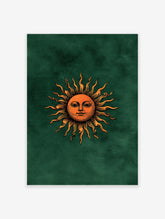 Vintage sun wall art illustration with a human face and swirling rays in orange and deep green on a dark green background