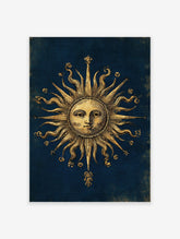 Vintage gold Sun Wall Art illustration with a human face and elaborate rays on a textured deep blue background.