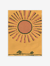 Orange sun with radiating rays on yellow background, two small trees below, stylised illustration art print