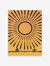 Sunburst wall art with black rays radiating from a central circle on yellow background, unframed paper print