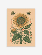 Illustrative sunflower and two bees art print in woodcut style with yellow, green, and peach tones