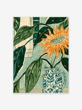 Sunflower in a blue-and-white jug with large green leaves and a window background, botanical poster