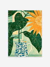 Botanical poster of an orange sunflower, dark green leaves, a blue patterned jug and a small snail on a teal background