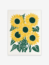 Five illustrative sunflowers with yellow petals and dark green centres on a white background botanical wall art print