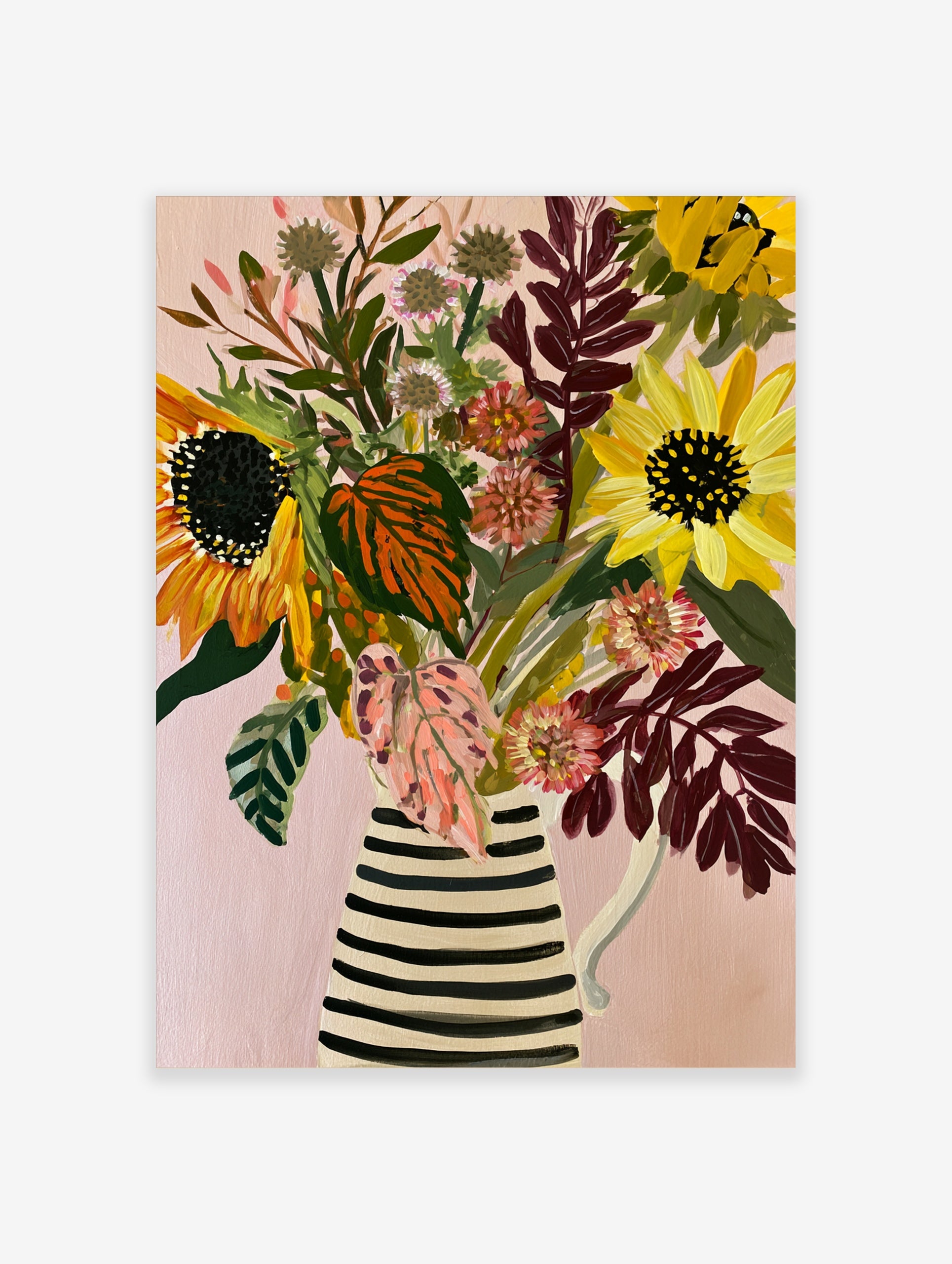 Illustrative sunflower and pink floral bouquet in a striped jug on a pink background, botanical wall art print