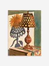 Watercolor painting of a table lamp casting a sunflower shadow on a wall, warm brown and yellow tones, illustrative art