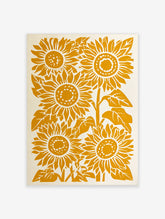 Sunflower linocut wall art with bold yellow blooms and green leaves on a cream background