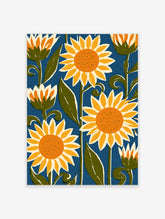 Retro sunflower art print with yellow blooms and green leaves on a blue background