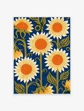 Sunflower wall art print with yellow blooms and orange centres on a navy blue background