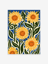 Yellow sunflowers with orange centres and green leaves on a blue background art print