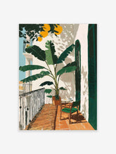 Illustrative wall art of a sunlit balcony with a large potted plant, green chair, and yellow fruit
