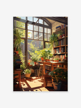 Sunlit Botanical Room Poster showing a cozy interior with green potted plants, bookshelves, and a large window with warm light.