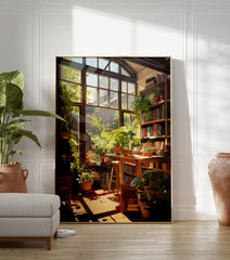 Sunlit Botanical Room Poster showing a cozy interior with green potted plants, bookshelves, and a large window with warm light. - Image 3