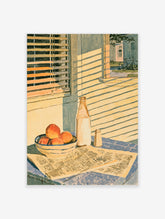 Sunlit kitchen still life poster with peach bowl, milk bottle, newspaper, and striped shadows on blue table