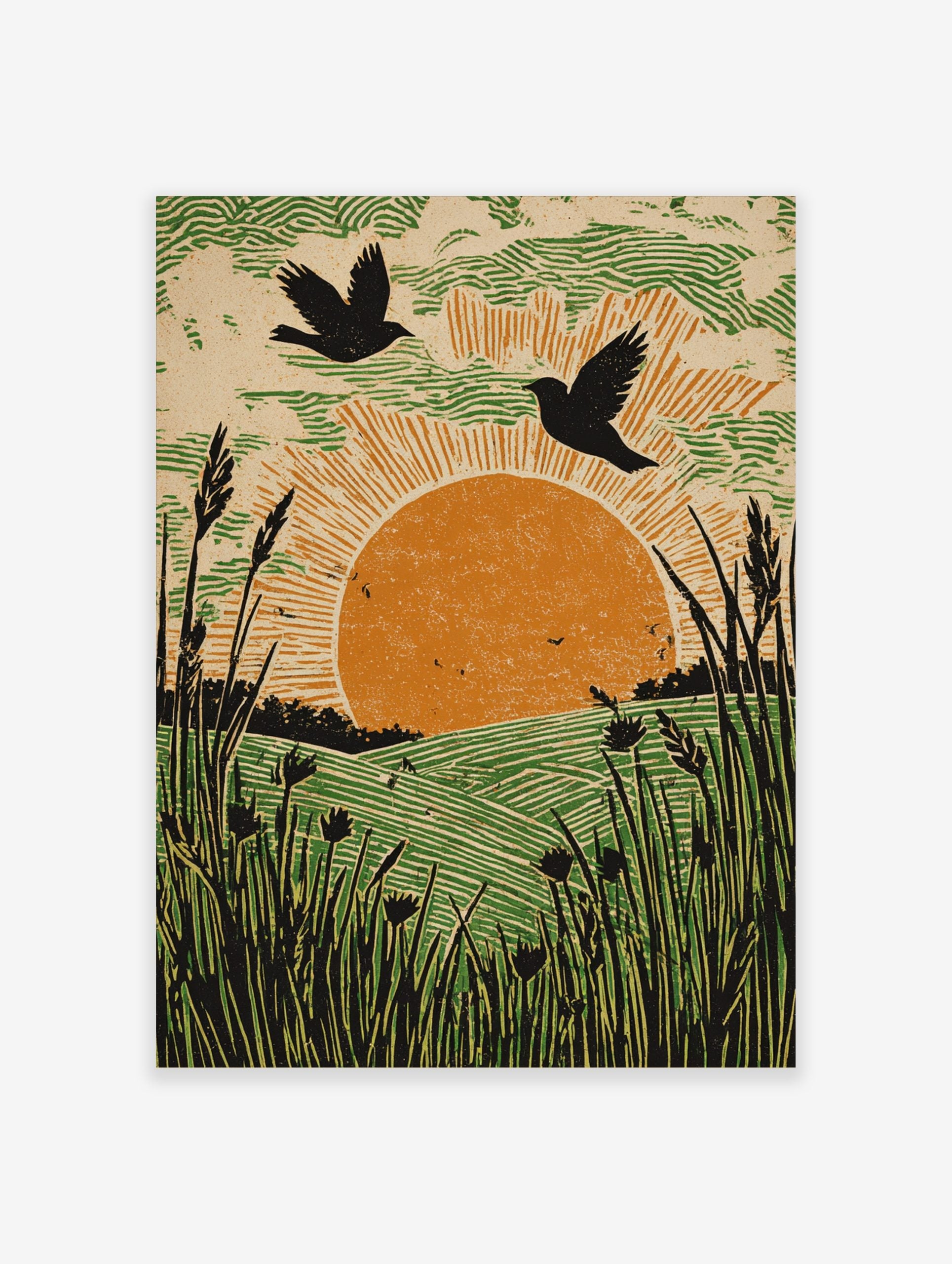 Linocut-style art print of two birds flying over an orange sun, green fields, and tall foreground grass