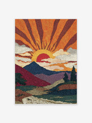 Pointillist sunrise mountain landscape art print with orange sun rays, blue mountains, and a river