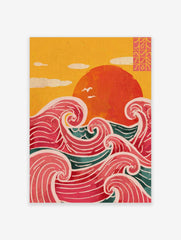 Illustrative print of a large red sun over stylised pink and teal ocean waves with a yellow sky