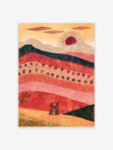 Sunset desert landscape poster with two figures, basket, stylised trees, red hills and maroon sun