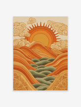 Orange sun with rays, swirling clouds, layered mountains, and green river in retro landscape illustration