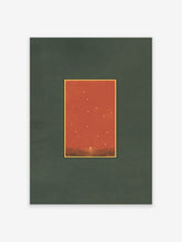 Minimalist sunset wall art print with a starry reddish-orange sky over a dark ocean, framed with a dark green mat.