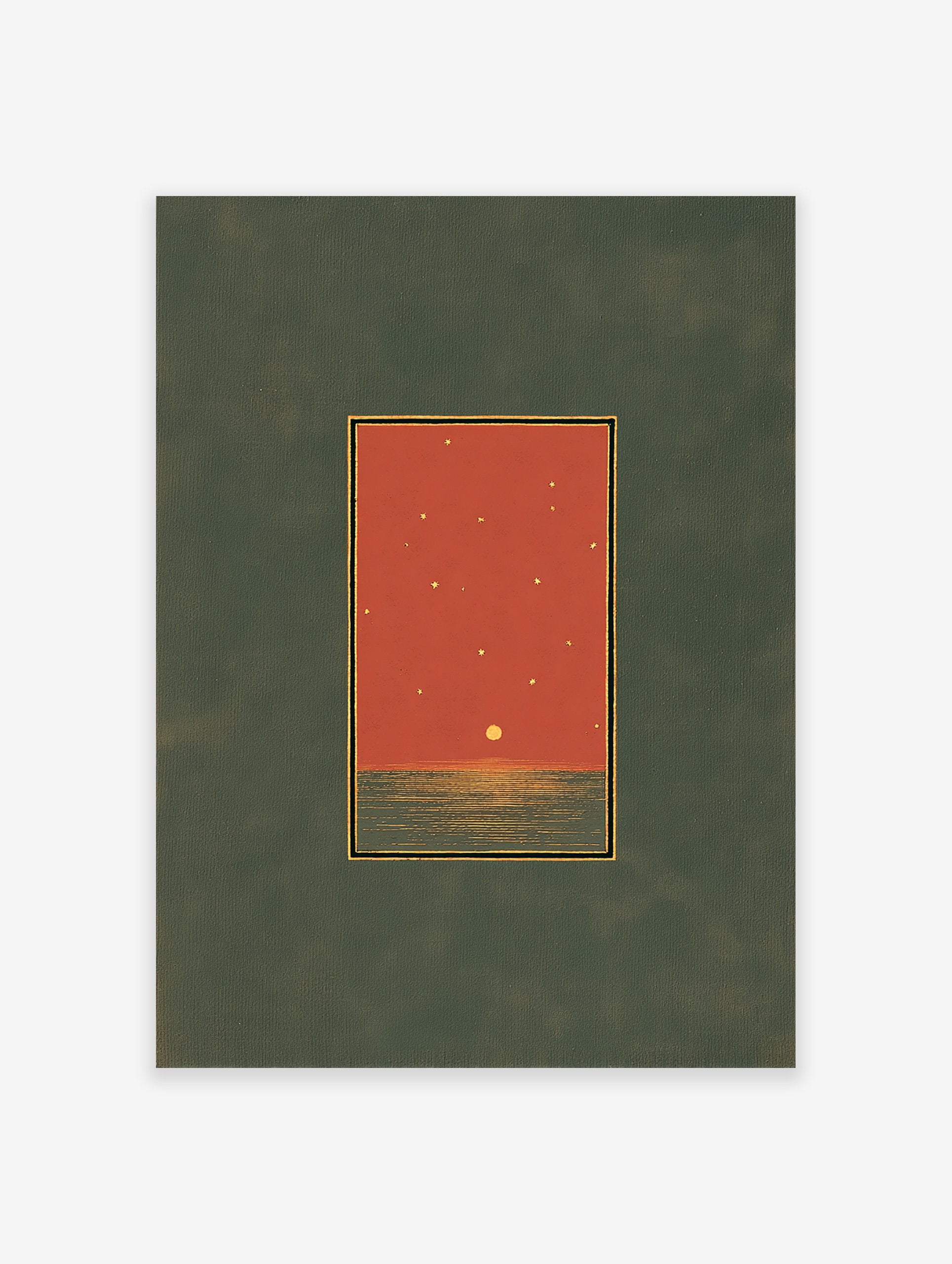 Minimalist sunset wall art print with a red sky, golden sun reflecting on dark green ocean, and stars, framed by gold and black lines.