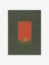 Minimalist sunset wall art print with a red sky, golden sun reflecting on dark green ocean, and stars, framed by gold and black lines.