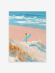 Impressionistic painting of surfer with blue board walking on pink beach towards ocean waves and blue sky