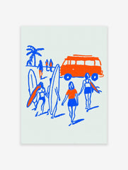 Illustrated surf poster depicting a beach scene with orange camper van, blue figures, surfboards, and a palm tree.