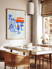 Illustrated surf poster depicting a beach scene with orange camper van, blue figures, surfboards, and a palm tree. - Image 2