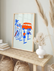 Illustrated surf poster depicting a beach scene with orange camper van, blue figures, surfboards, and a palm tree. - Image 4