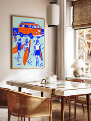 Orange surf van and surfers with surfboards by the blue sea on a light blue background poster, illustrative style. - Image 2