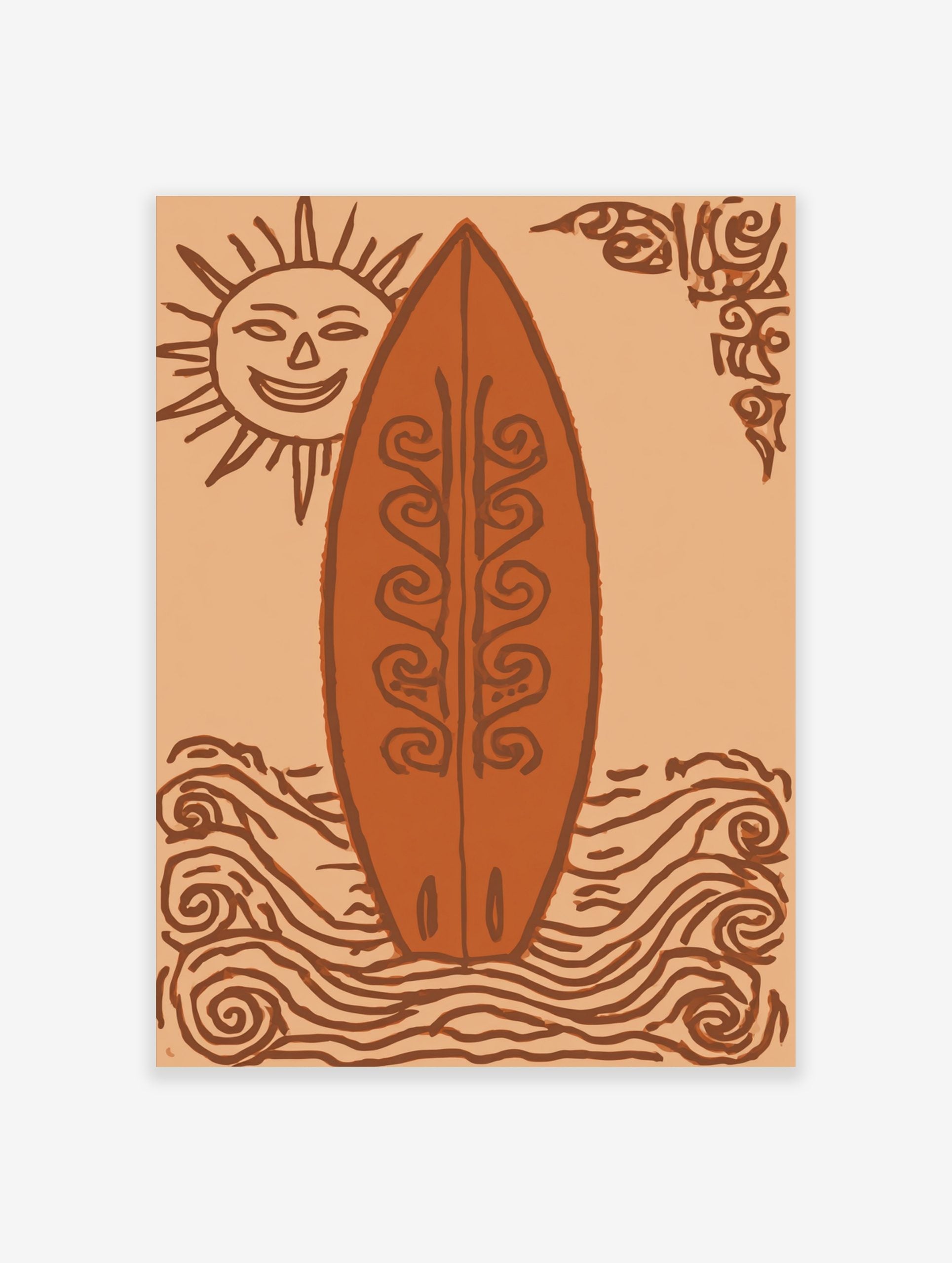 Illustrative art print of a decorative surfboard, smiling sun, and swirling waves in orange and brown