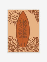 Illustrative art print of a decorative surfboard, smiling sun, and swirling waves in orange and brown