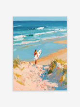 Impressionist painting of surfer on sandy dune path overlooking turquoise ocean waves and blue sky