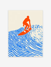 Modern minimalist surfer on a wave poster in bold orange and blue colors, with a cream background.