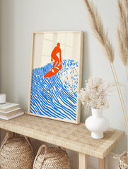 Modern minimalist surfer on a wave poster in bold orange and blue colors, with a cream background. - Image 4