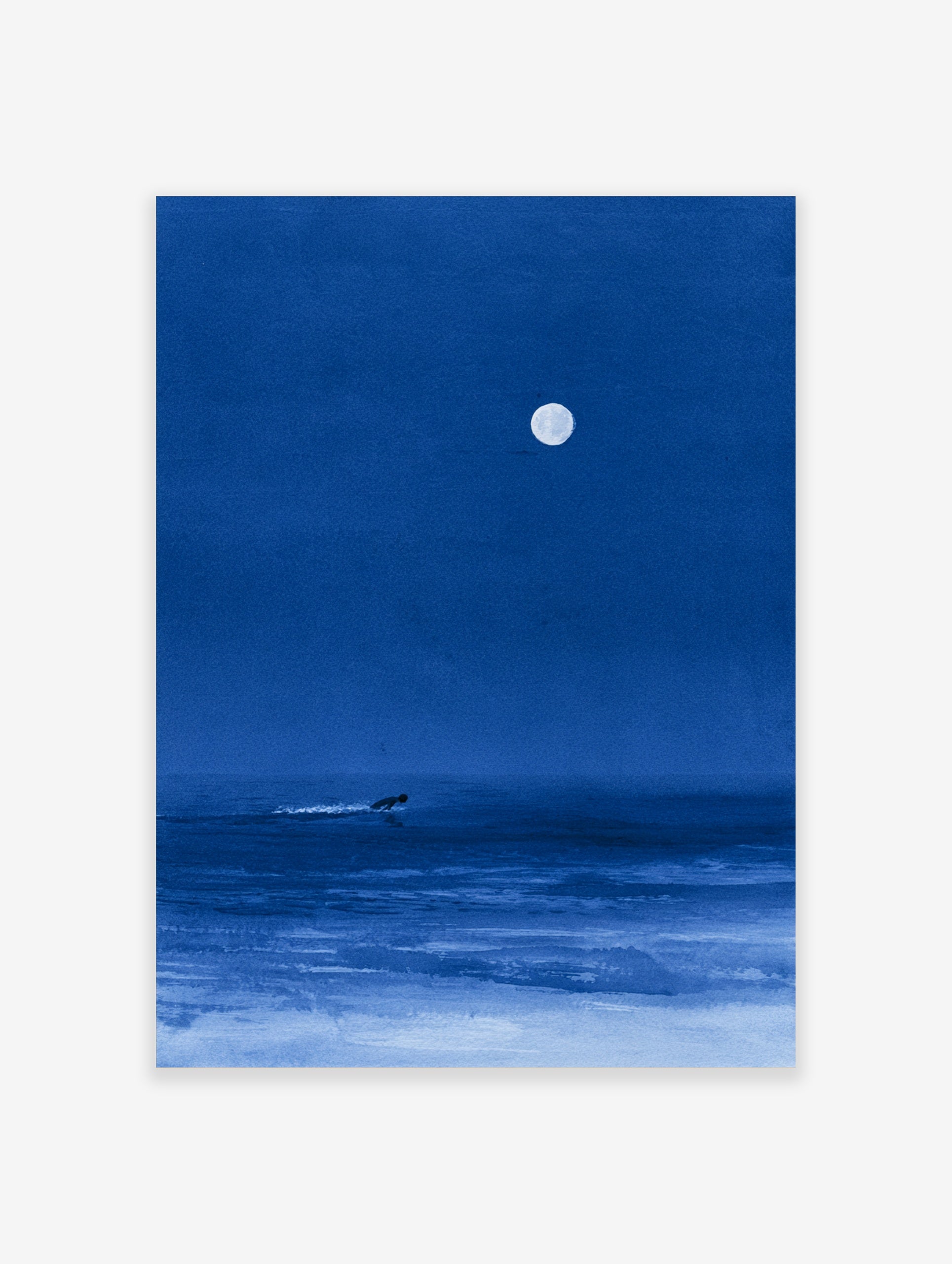 Minimalist blue night sea art print featuring a lone surfer gliding under a large full moon