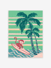 Retro Surfing Monkey Wall Art illustration with palm trees, blue waves, and green & pink striped background.
