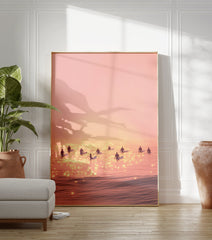 Pink sunset surfing poster with multiple surfers silhouetted on shimmering water, creating a serene beach scene. - Image 3