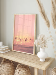 Pink sunset surfing poster with multiple surfers silhouetted on shimmering water, creating a serene beach scene. - Image 4