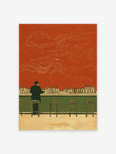 Illustration of a man at a bar with bottles, an orange-red wall, and a large, subtle octopus outline. Surreal bar wall art.