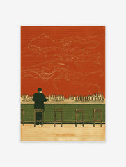 Illustration of a man at a bar with bottles, an orange-red wall, and a large, subtle octopus outline. Surreal bar wall art.