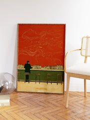 Illustration of a man at a bar with bottles, an orange-red wall, and a large, subtle octopus outline. Surreal bar wall art. - Image 2