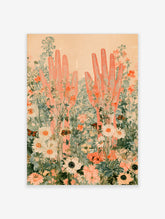 Surreal coral hands rising through wildflowers, daisies and butterflies on a peach background art print