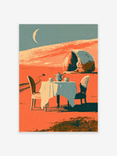 Surreal desert tea party poster with table, teapot, cups, space helmet, crescent moon, and red sand landscape