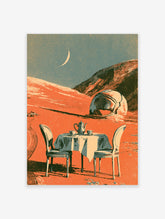 Surreal desert tea table poster with teapot, two cups, crescent moon, and metallic dome on red sand