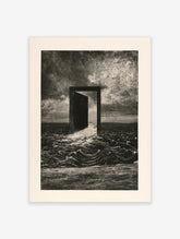 Surreal illustrative print of an open door standing in a stormy sea with dark waves and moody clouds